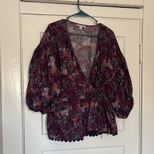Kika Vargas Purple Floral Wrap Top with Puff Sleeves